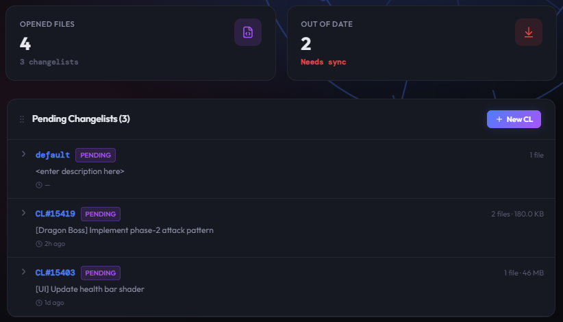 The P4 Workspace page in Gameheim: four opened files in three changelists, two files out of date, and the list of pending changelists with their file count and size.