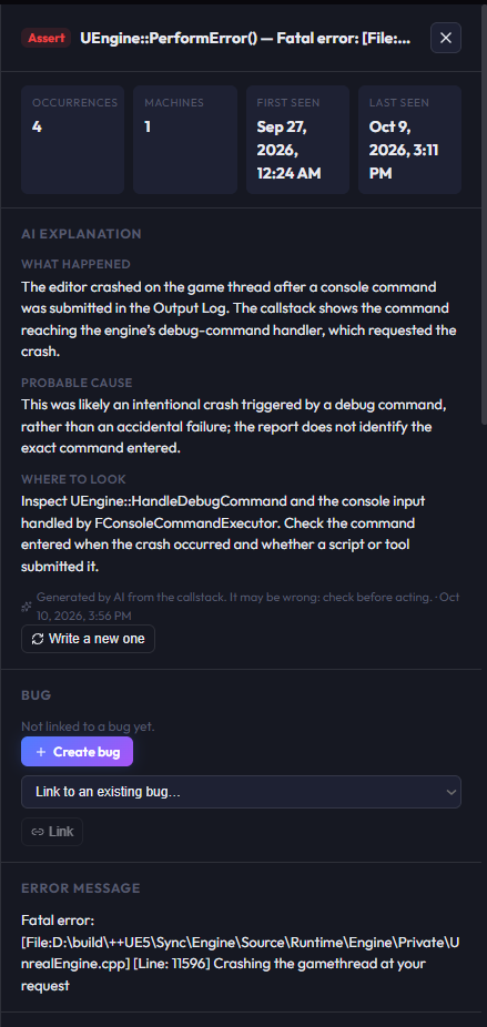 The panel of a crash group in Gameheim: occurrences, machines, first seen and last seen, then the AI explanation with the texts What happened, Probable cause and Where to look, and below it the Create bug button and the error message.