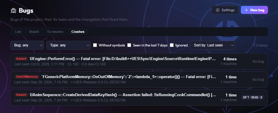 The Crashes view of the bug tracker in Gameheim: filters by bug, type, symbols and date, and three crash groups, each with its crash type, the first function and error message, the last time it was seen, the build, how many times and on how many machines it happened, and the linked bug.